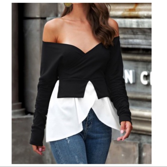 BLACK WITH WHITE CONTRAST OFF THE SHOULDER TOP - Picture 4 of 4